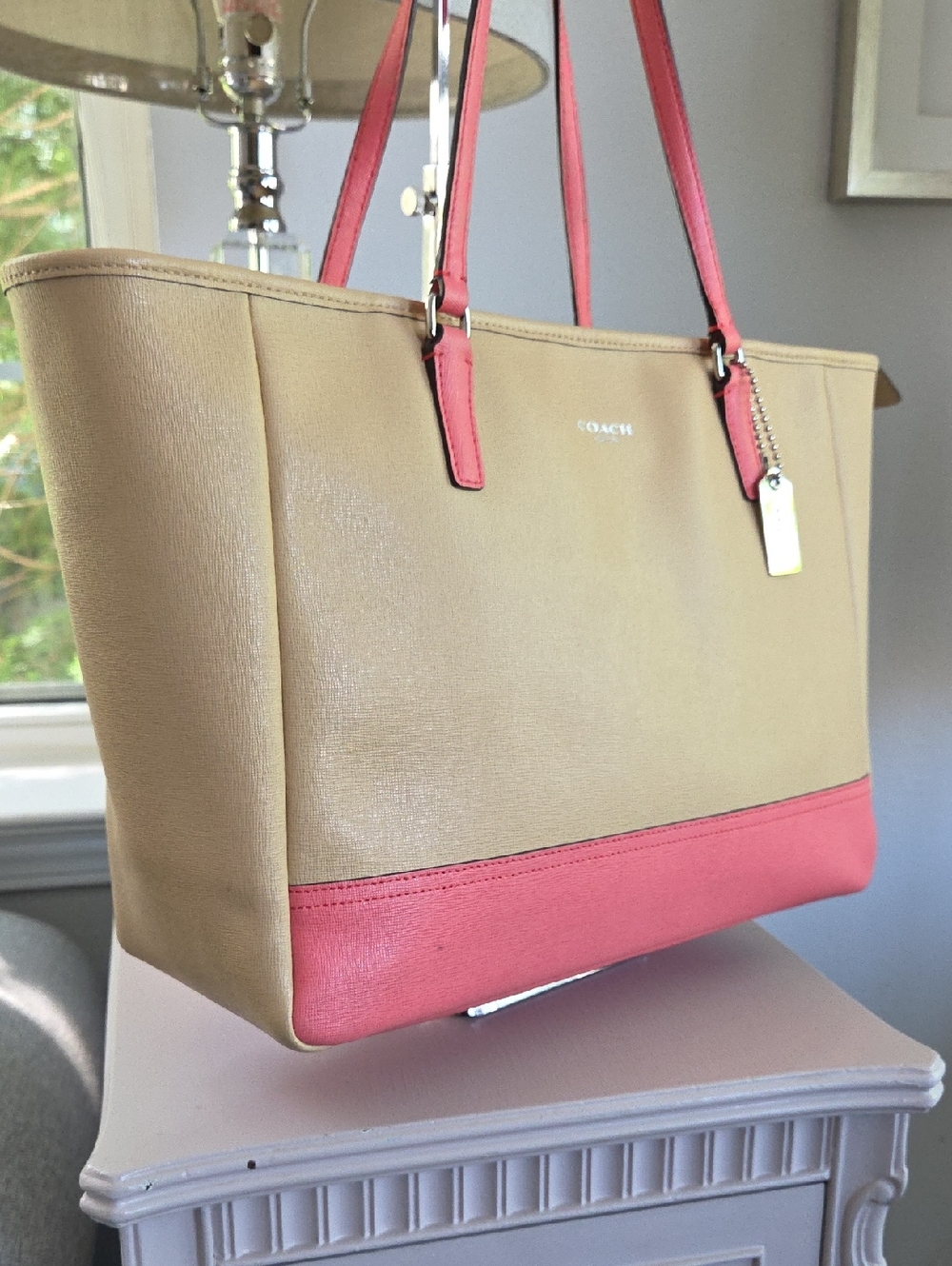 COACH Tan & Coral Pink Saffiano Leather Tote - Picture 5 of 16